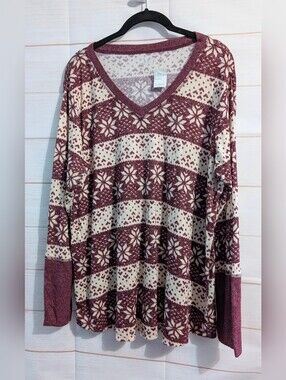 Maurices V-Neck Maroon and Cream Snowflake Super Soft Knit Sweater Size XXL
